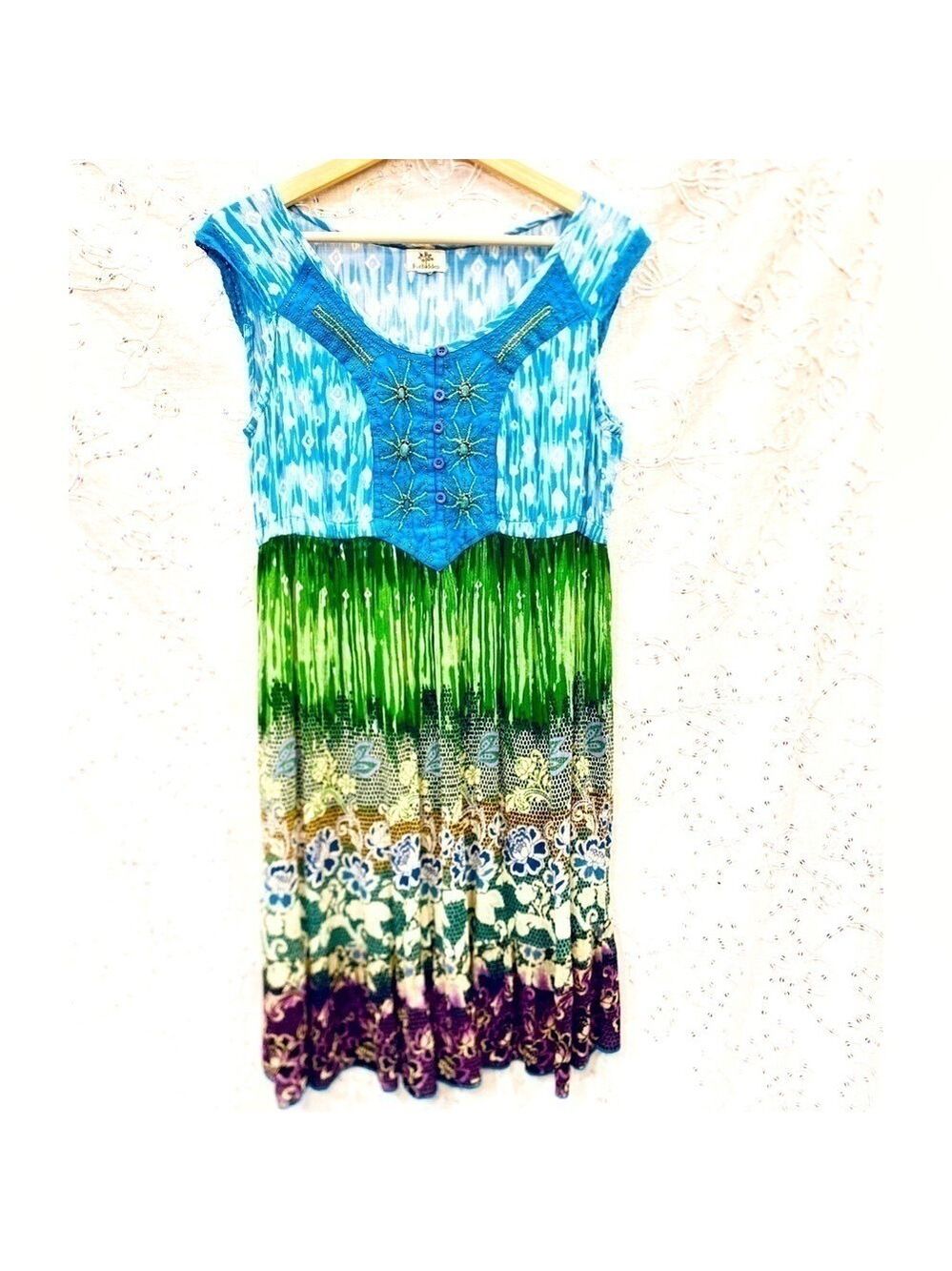 Forbidden Vintage Bohemian Style MIDI Length Beaded Button Front Dress Size M